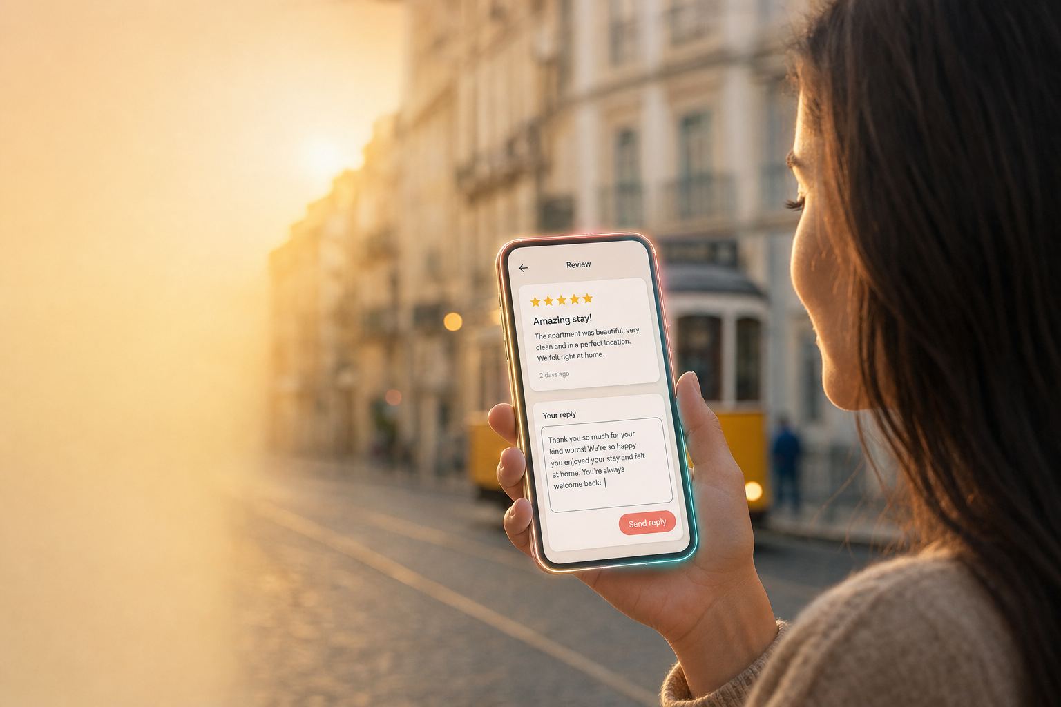 A phone with a 5-star review reply glowing softly, held by a woman at golden hour in Lisbon