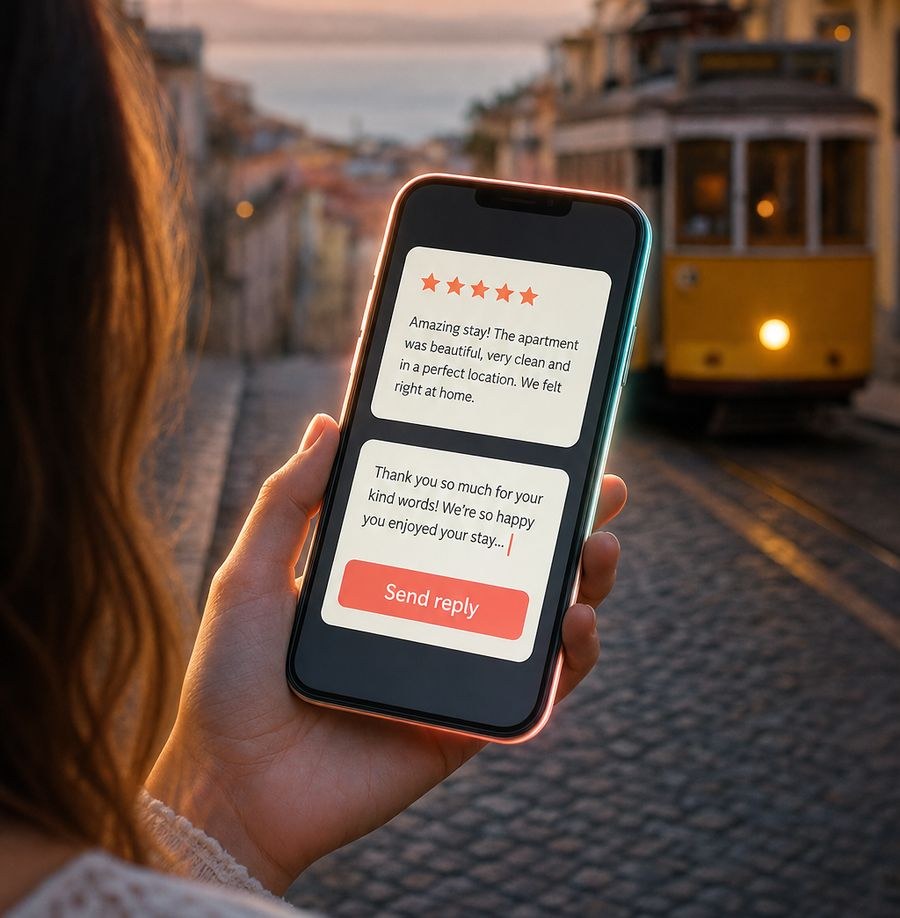 A phone with a 5-star review reply glowing softly, held by a woman at golden hour in Lisbon