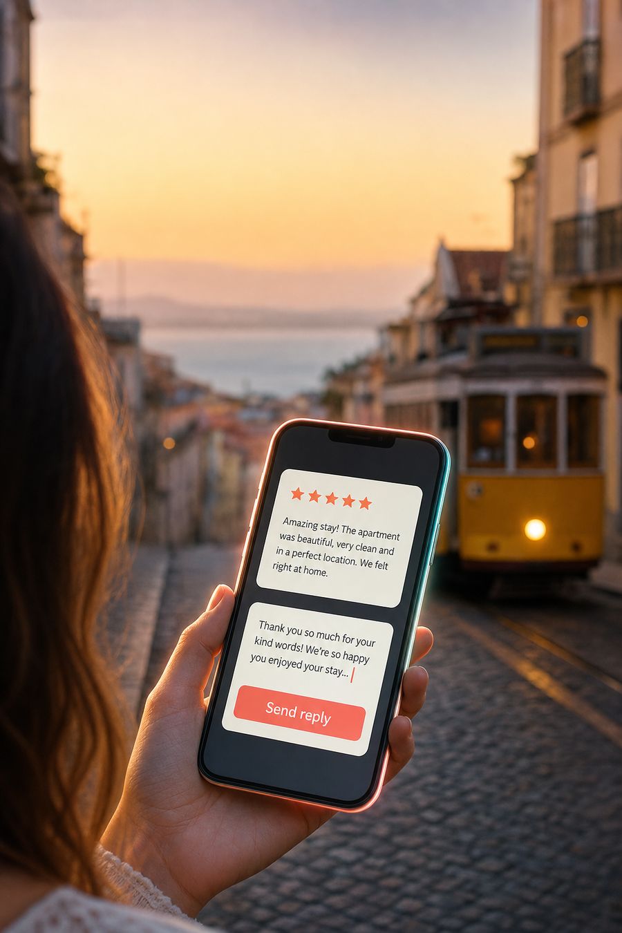 A phone with a 5-star review reply glowing softly, held by a woman at golden hour in Lisbon
